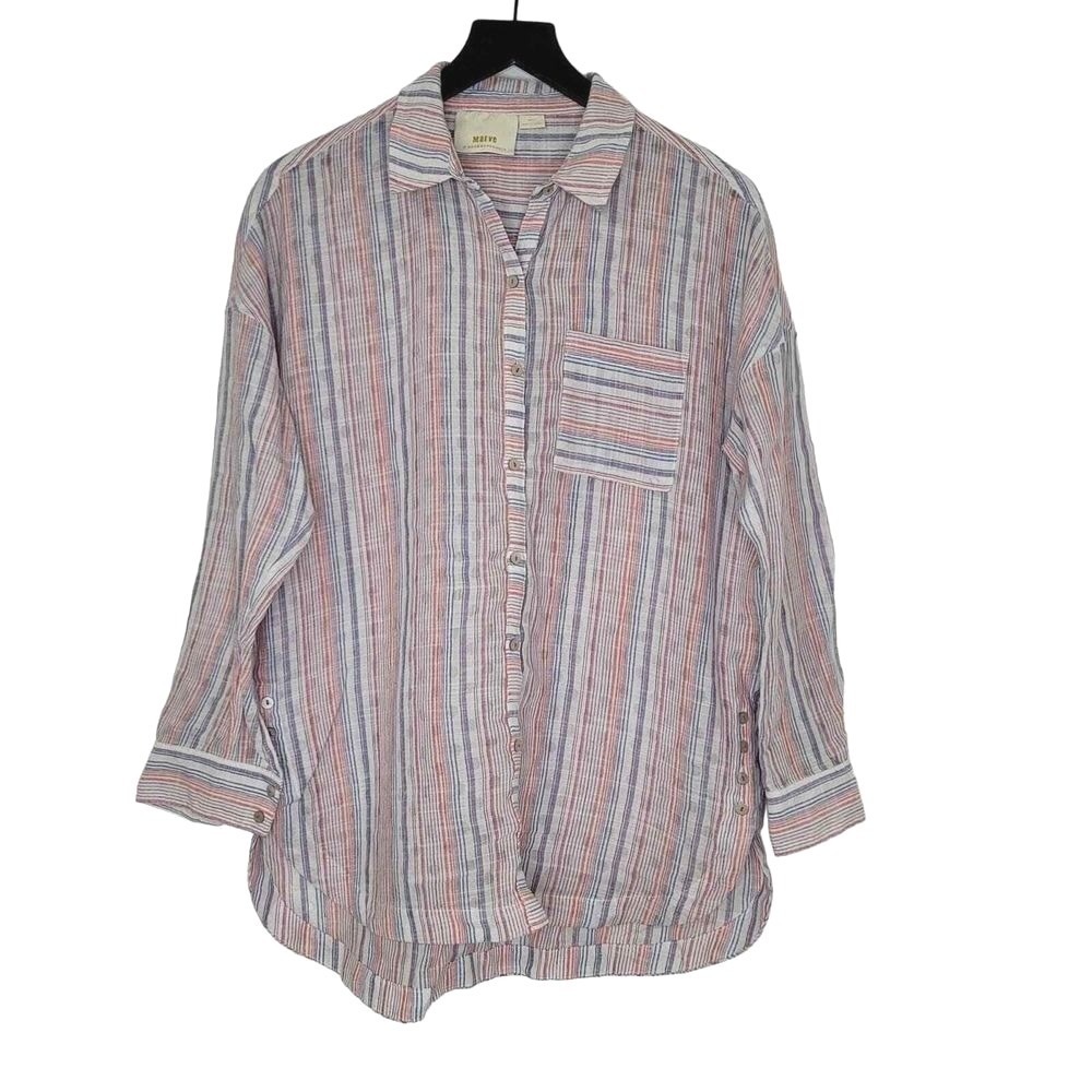 Anthropologie Maeve Oversized Button Shirt S Red‎ White Blue Striped Polka Dot